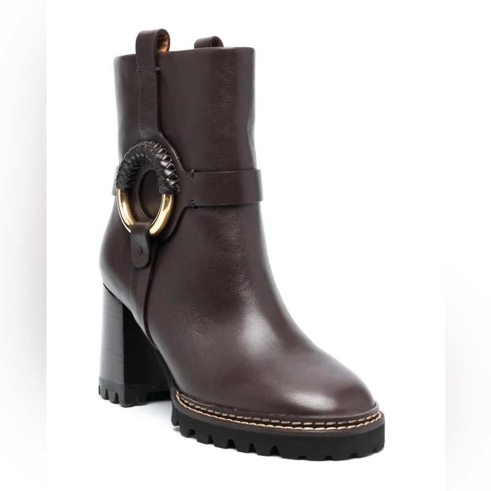 SEE BY CHLOÉ Hana ring-embellished leather ankle boots In chocolate Size 37